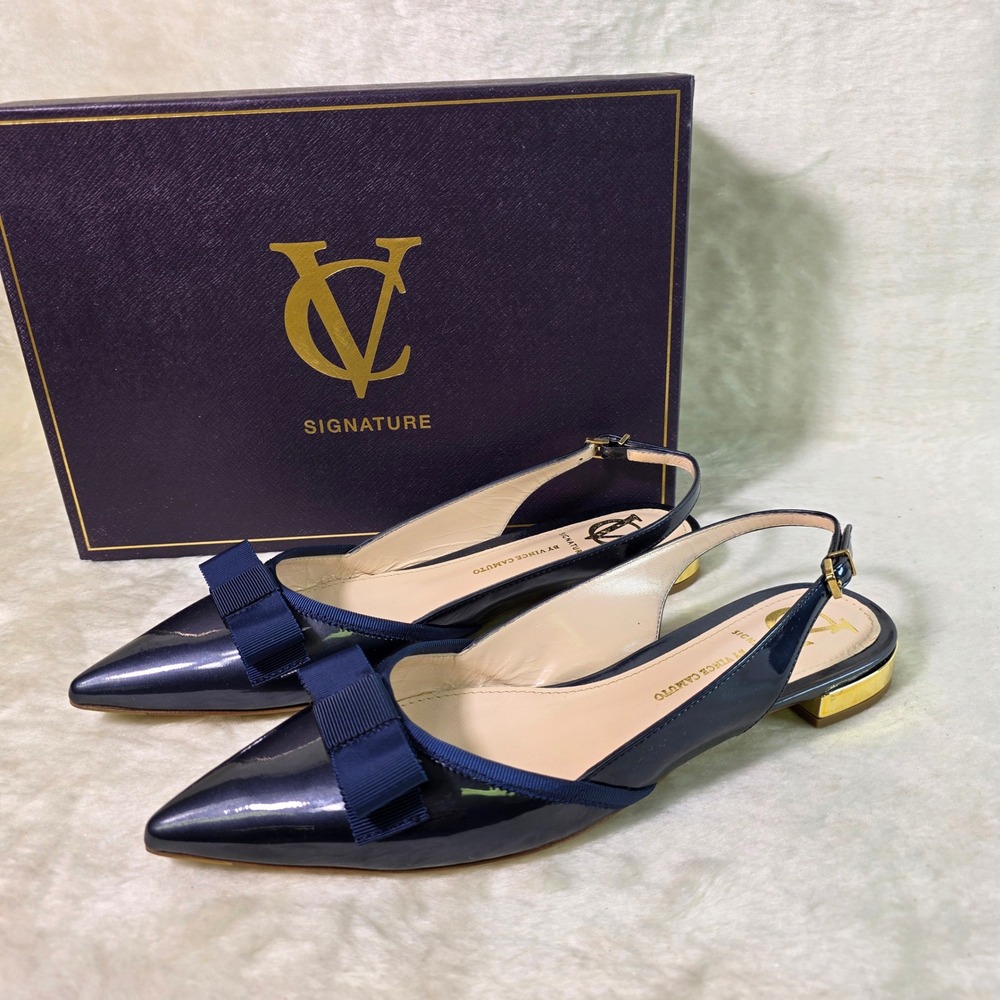 Vince Camuto Signature Slingback Flats Navy Bow Italian Leather Women 8 NEW